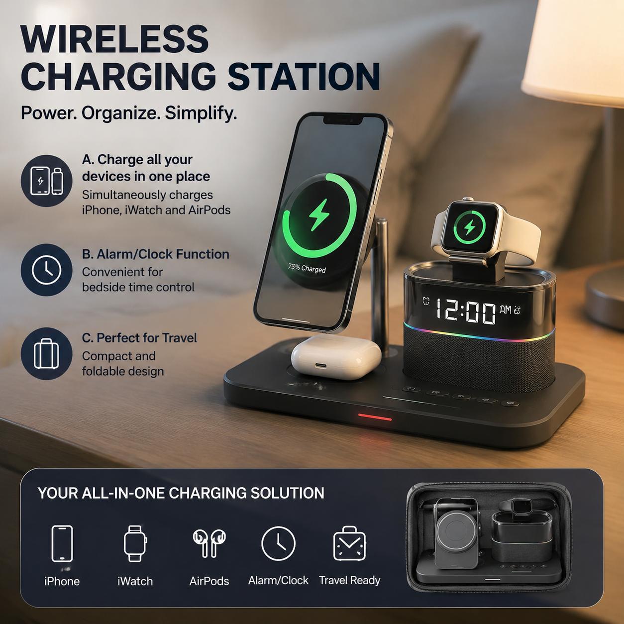 Desk Charging Station - 磁気ワイヤレス充電ステーション（iPhoneシリーズ12、13、14、15、16、17、Watch Ultra 8、7、6、5、イヤホン用充電スタンド）多機種対応充電パッド（デスク、自宅、オフィス、旅行用）スマホ15W、ウェアラブル5Wの急速充電対応、360度回転デスクスタンド