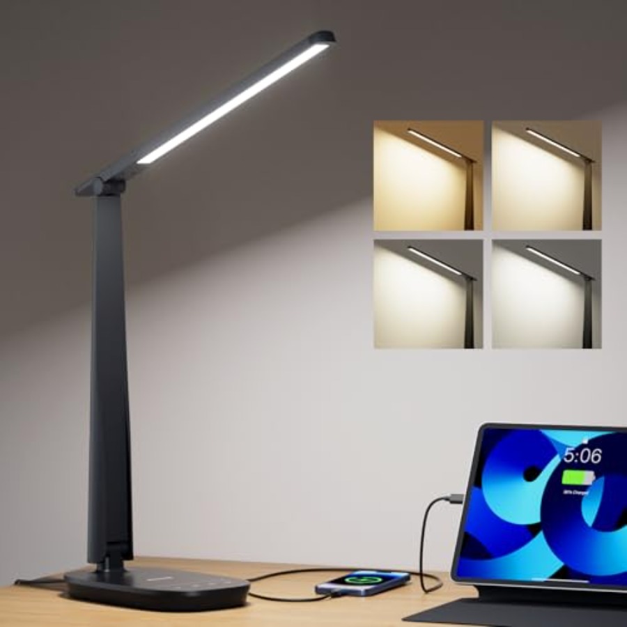 Desk Lamp Led - ホームオフィス用LEDデスクランプ、目に優しい調光可能な読書灯、4色モード、タッチコントロール、USB-AおよびUSB-C充電ポート付き