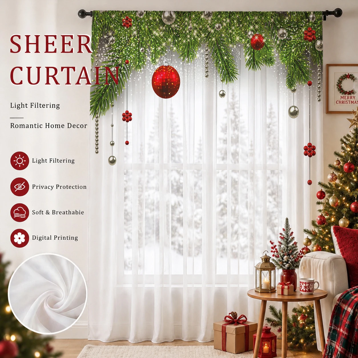 Home Office With Plants - クリスマスグラデーションシアーカーテン、高品質遮光プライバシーボイル、リビング/寝室/子供部屋用、クリスマスの日の贈り物