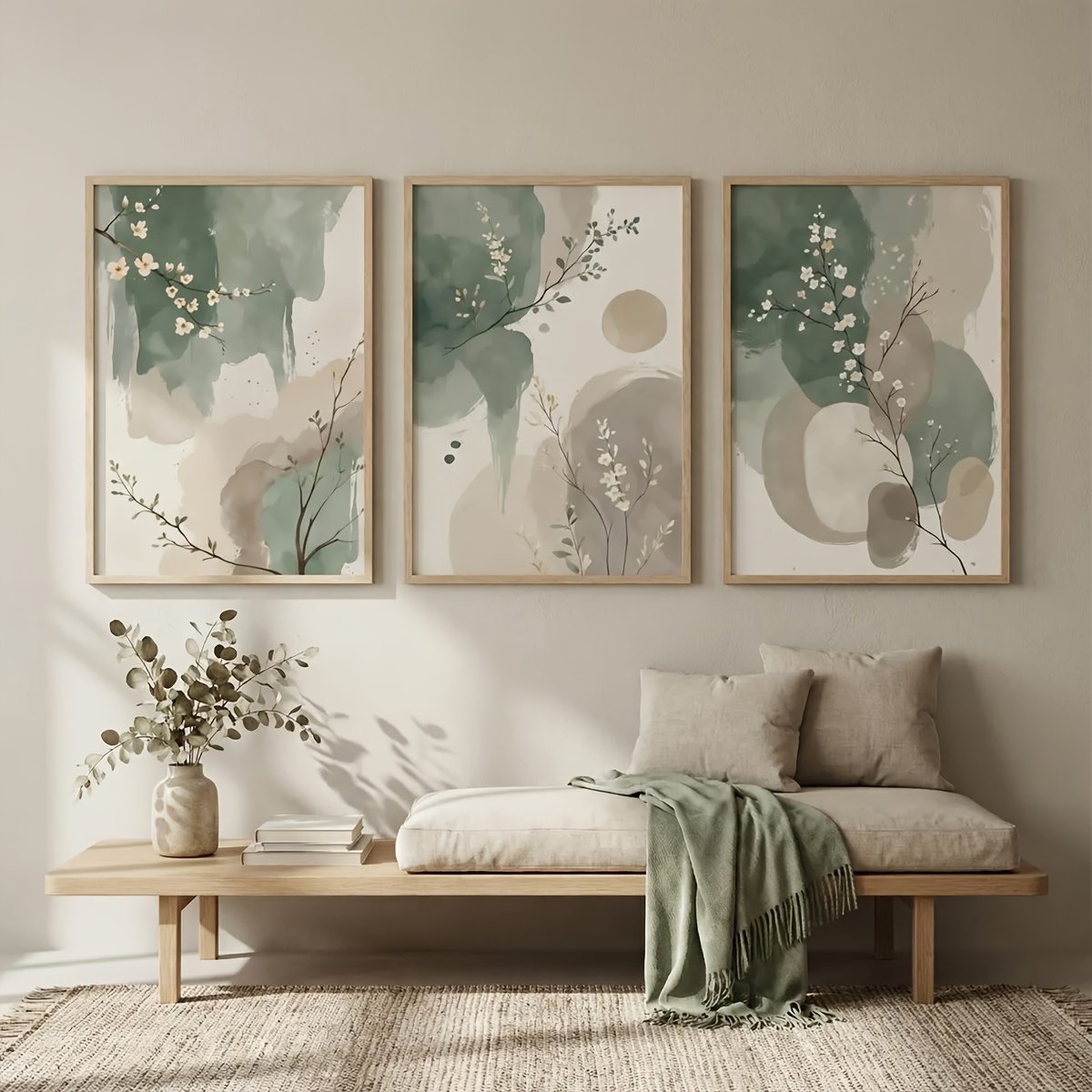 Home Office With Plants - 3ピース 日本風植物キャンバスウォールアート フレームレス抽象水彩画 セージグリーン＆ベージュリーフキャンバスポスター 寝室の装飾用