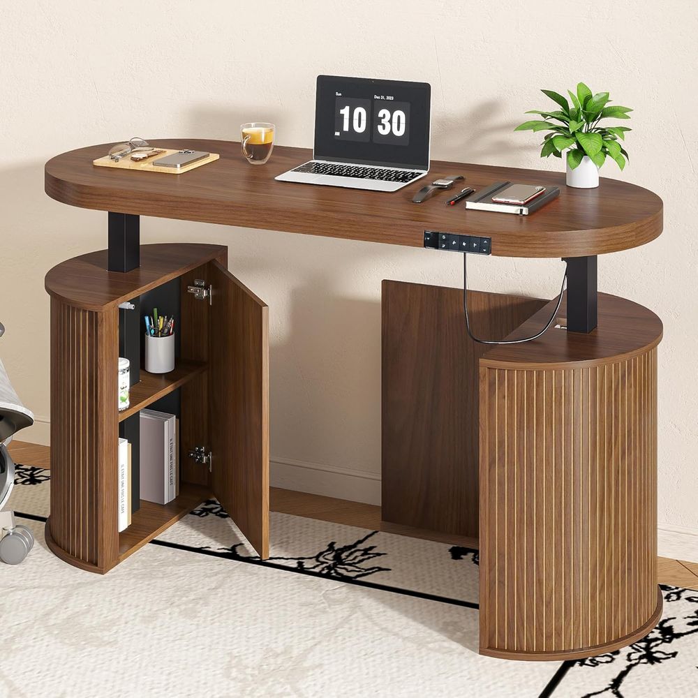 Standing Desk Electric - センチュリーern電動スタンディングデスク（収納付き）、55 x 22インチ小型シットスタンドアップデスク、木製高さ調節可能なコンピューターエグゼクティブデスク
