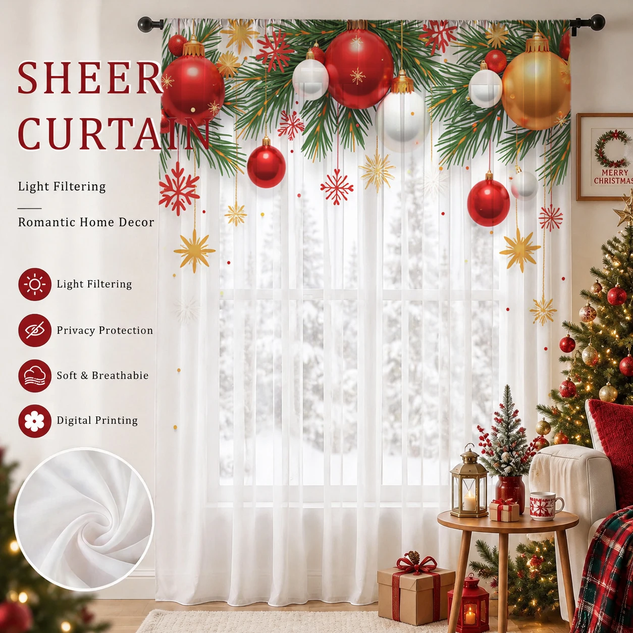 Home Office With Plants - クリスマスデーグラデーションシアーカーテン、高品質遮光プライバシーボイル、リビング/寝室/子供部屋用、母の日ギフト