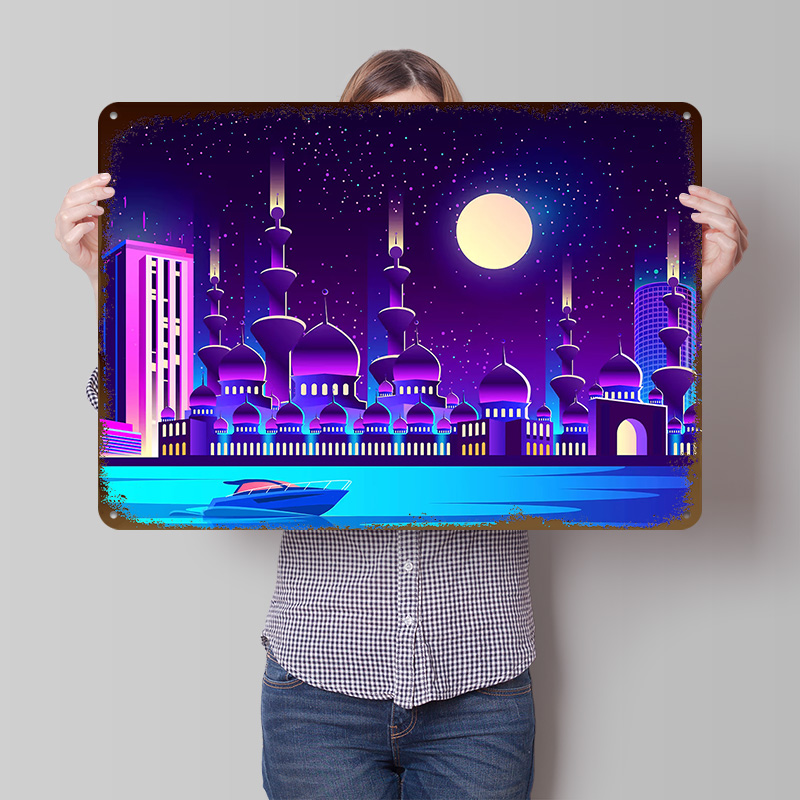 Home Office Dubai - シンセウェーブ ネオンシティ ドバイ メタルポスター カスタムウォールアート レトロ