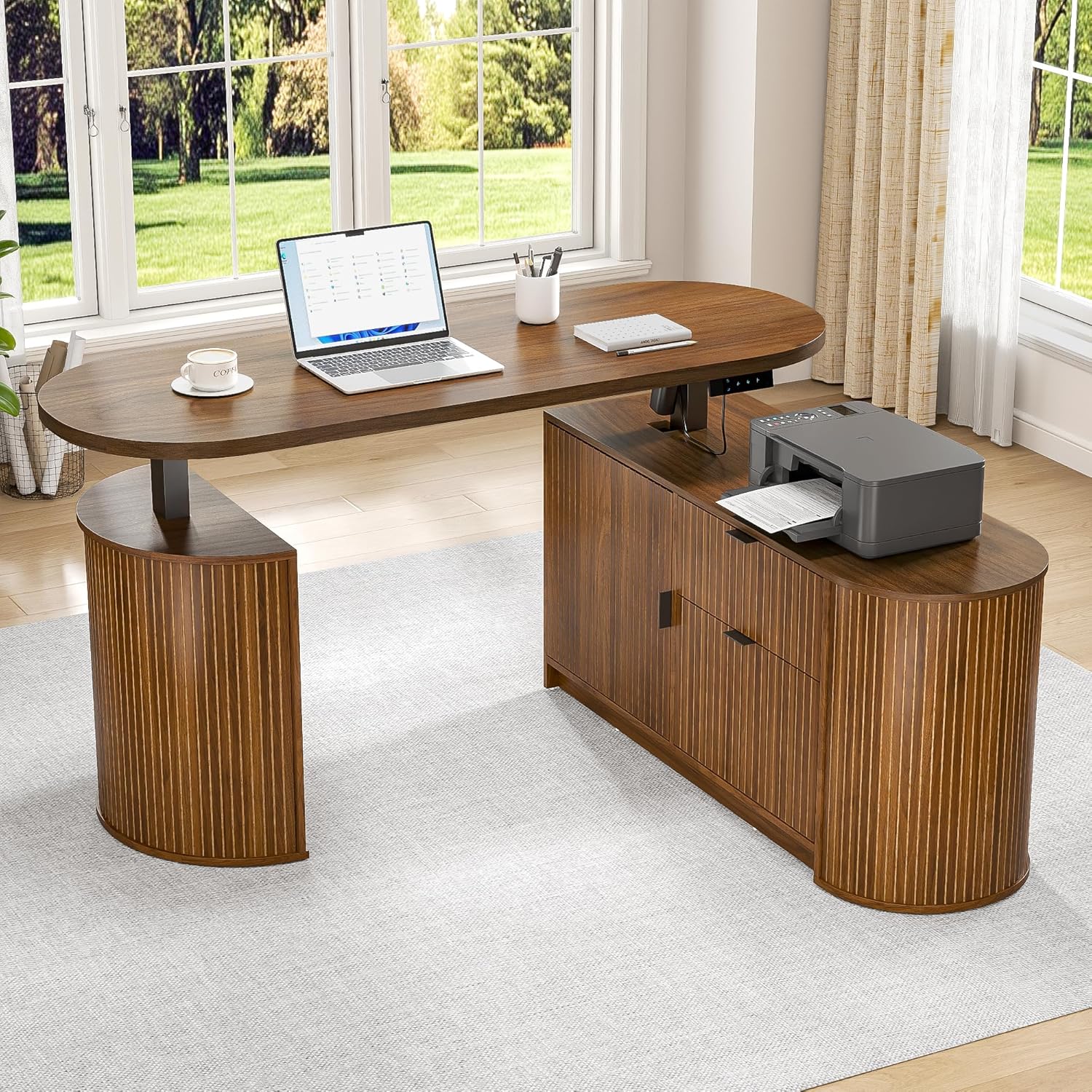 Standing Desk Electric - ミッドセンチュリーモダン電動L字型スタンディングデスク、59 x 47インチコーナーシットスタンドアップデスク（ファイル引き出し付き）、2台、カスタムメイド