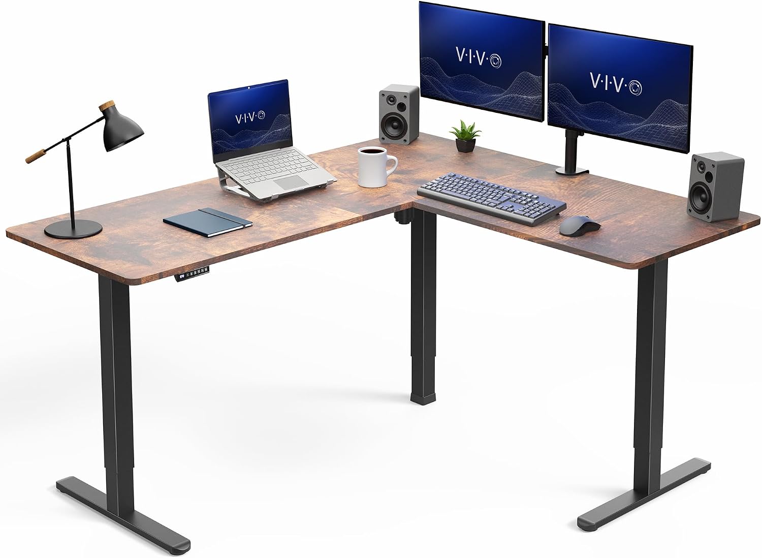 Standing Desk Electric - ラスティックヴィンテージブラウン 63 x 55インチ コーナー型スタンディングデスク、DESK-E3CTN |