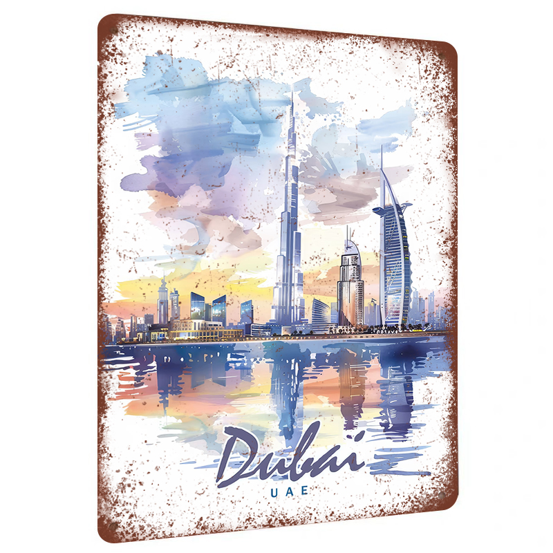 Home Office Dubai - ドバイのスカイライン水彩画メタルウォールアートUAEランドマーク絵画リビングルームオフィス用ホームデコレーション