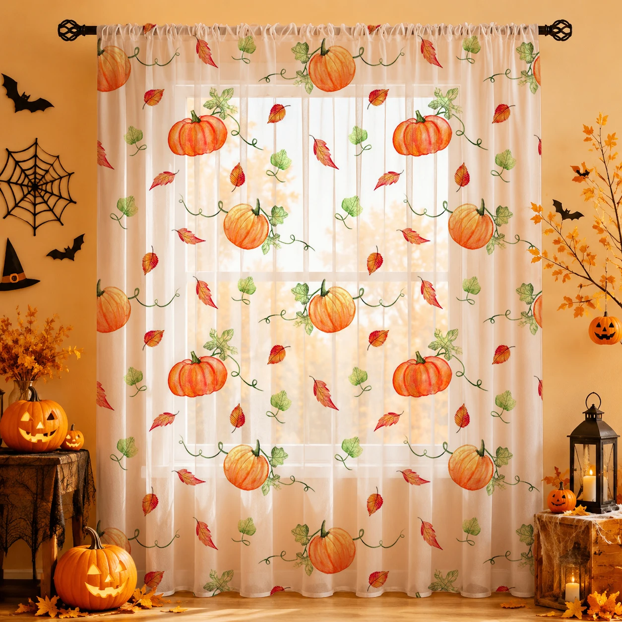 Home Office With Plants - 1枚 ロッドポケット付き ホームデコレーション ハロウィン シアーボイルカーテン ハロウィンギフト