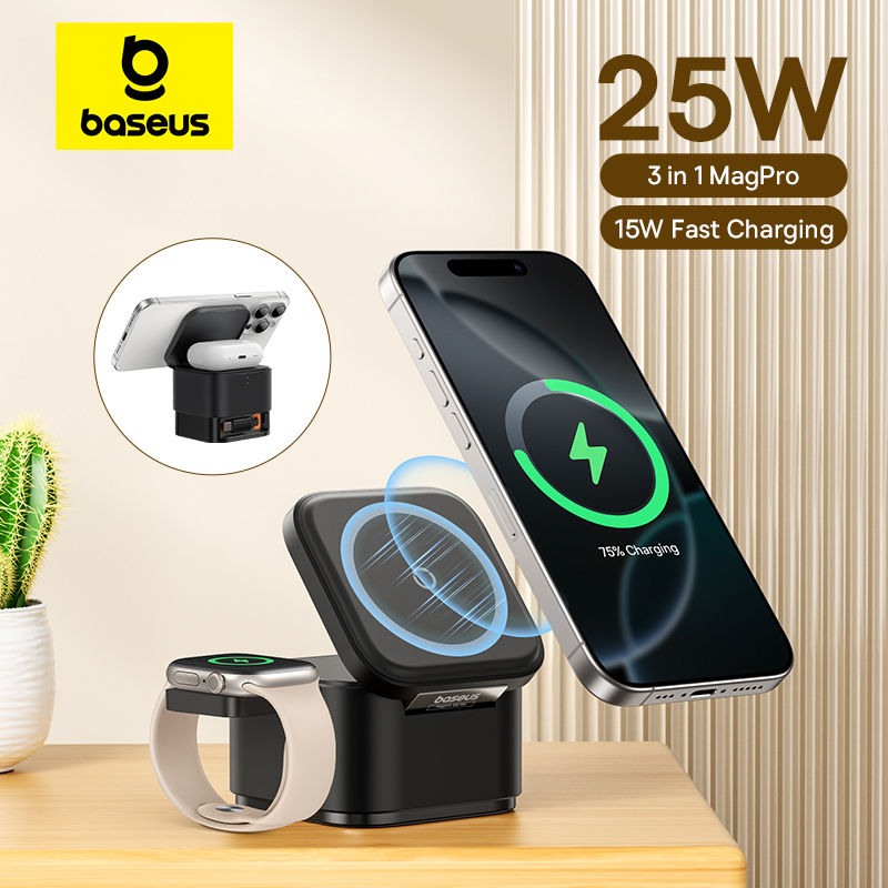 Desk Charging Station - Baseus 3in1 マグネット式ワイヤレス充電スタンド 15W急速ワイヤレス充電 25Wデスクトップドックステーション iPhone16/15/14/13/AirPod対応