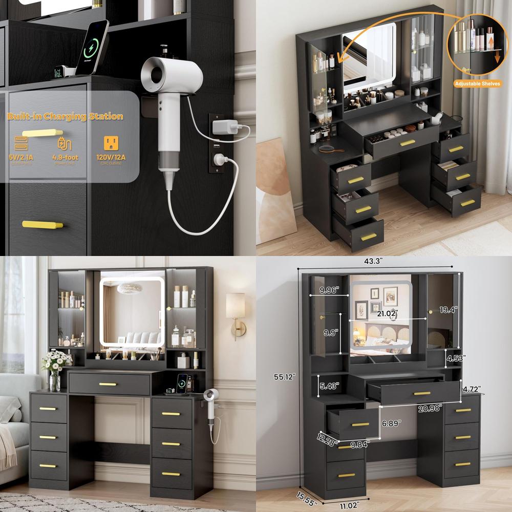 Desk Charging Station - 7つの引き出し、2つのガラスキャビネット、ミラー、ライト、充電ステーション、調節可能な棚、RGB照明、ホルダー付きのメイクアップバニティデスク