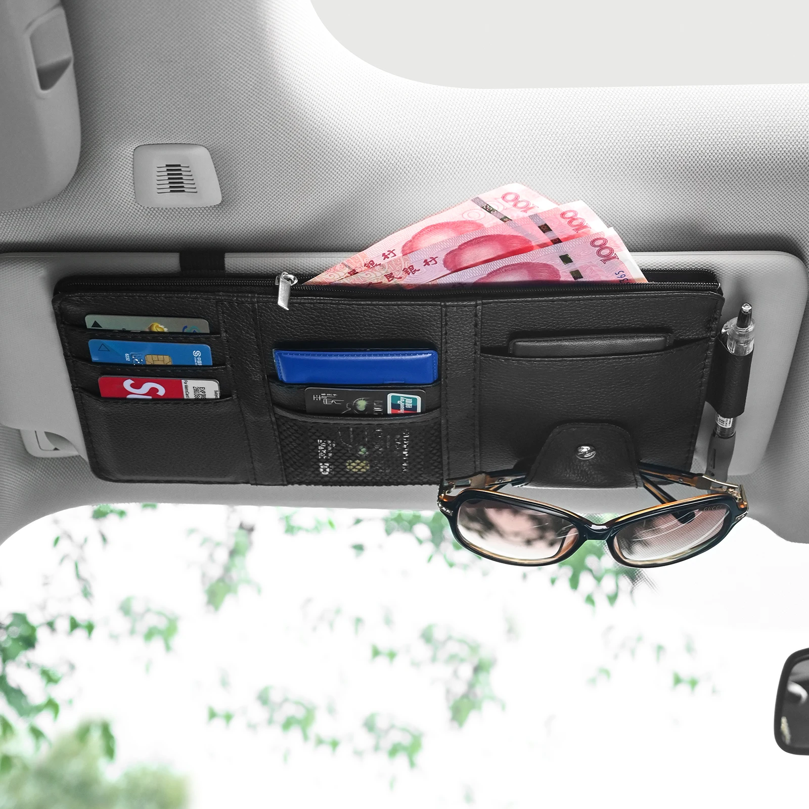 Pen Holder Organizer - 車のサンバイザー、請求書、ペン、名刺入れ、オーガナイザー、収納ボックス、サングラスクリップ、整理整頓、車用アクセサリー