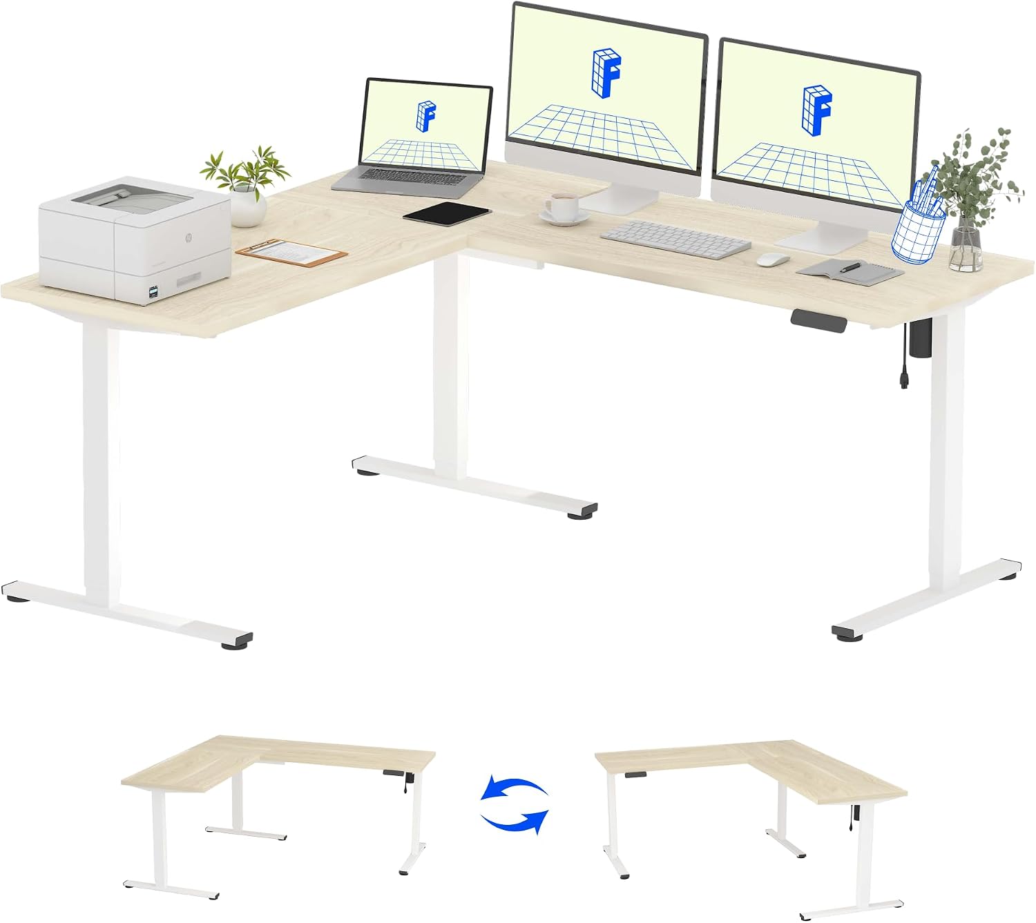Standing Desk Electric - 71 x 63 リバーシブルL字型電動昇降デスク、メープル | 高さ調整可能、広い作業スペース、衝突防止、メモリープリセット