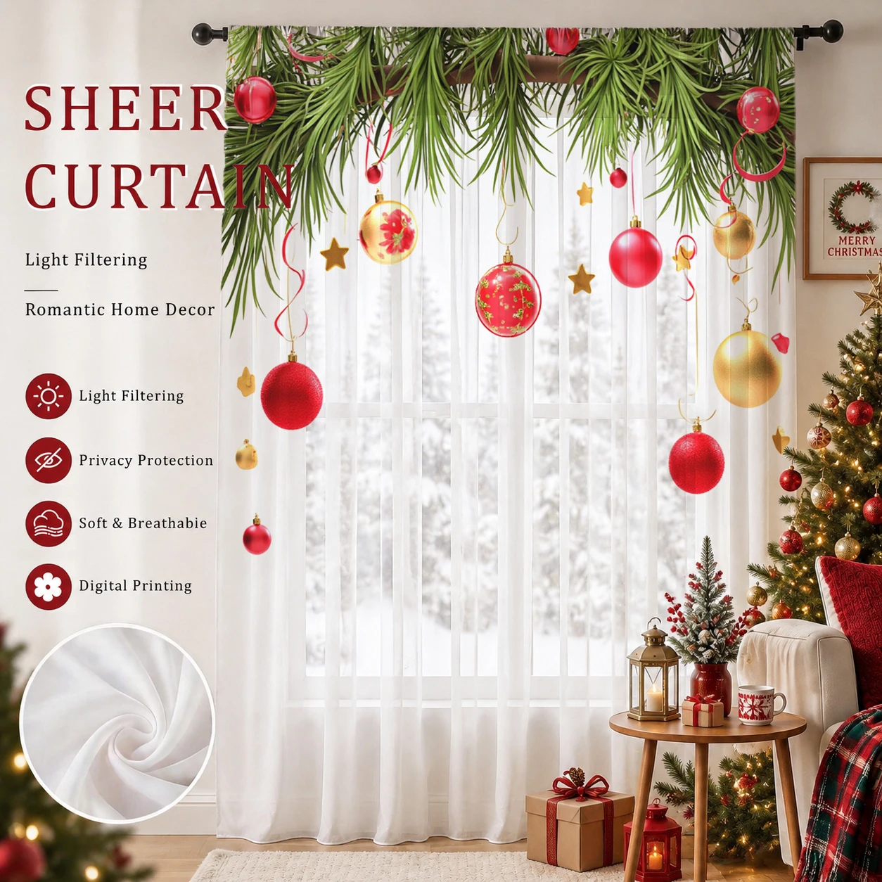 Home Office With Plants - クリスマスグラデーションシアーカーテン、高品質遮光プライバシーボイル、リビング/寝室/子供部屋用、クリスマスの日の贈り物