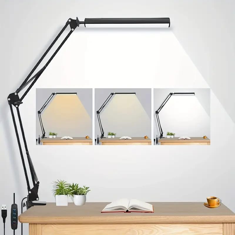 Desk Lamp Led - LEDデスクランプ 家庭用、読書用、勉強用、調節可能な目に優しいデスクライト クランプ付き、3色モード、10段階の明るさ調整可能 テーブルライト オフィス用