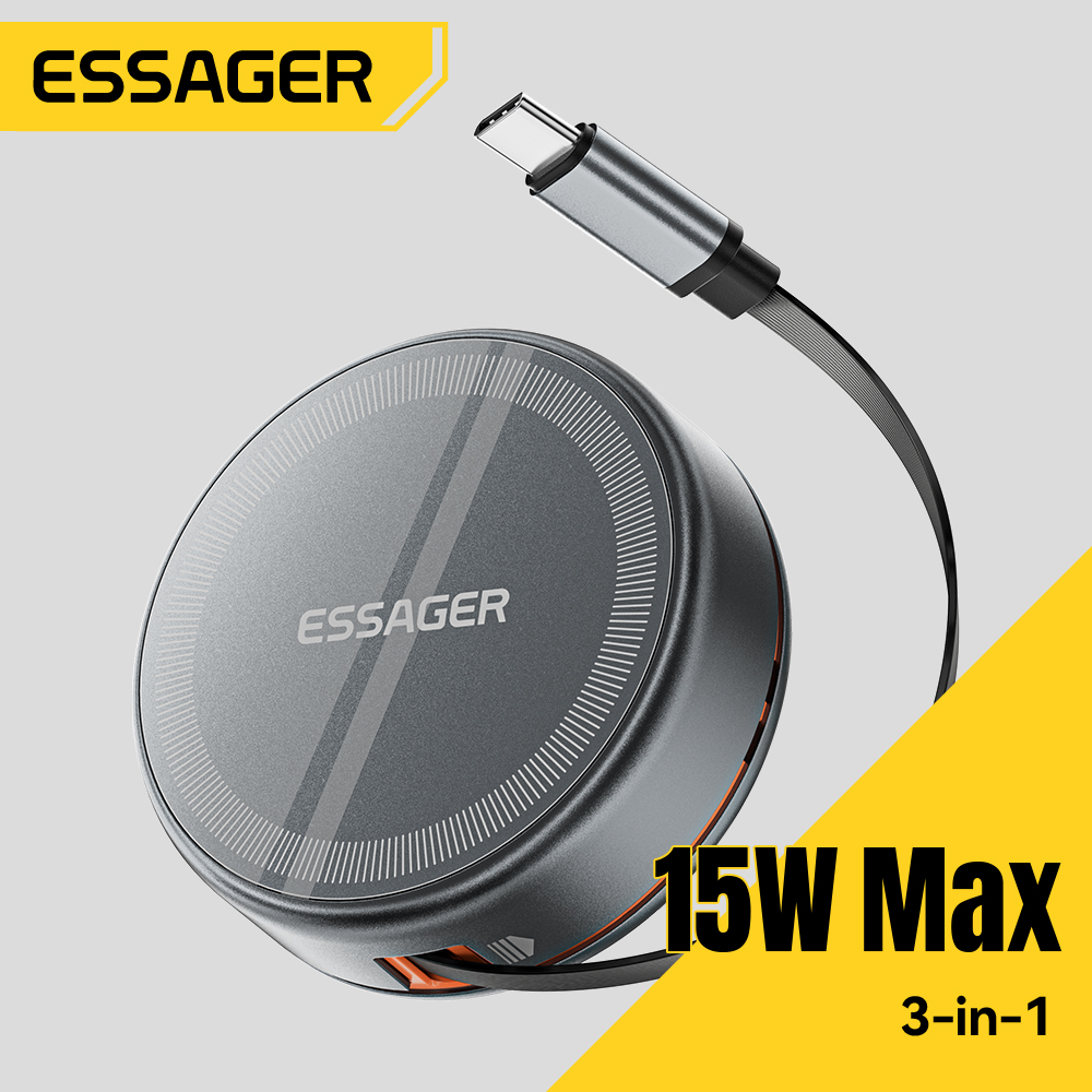 Desk Charging Station - Essager 15W 3in1 マグネット式ワイヤレス充電器、96cm格納式Type-Cケーブル付き、iPhone 16/15/14/13 Pro