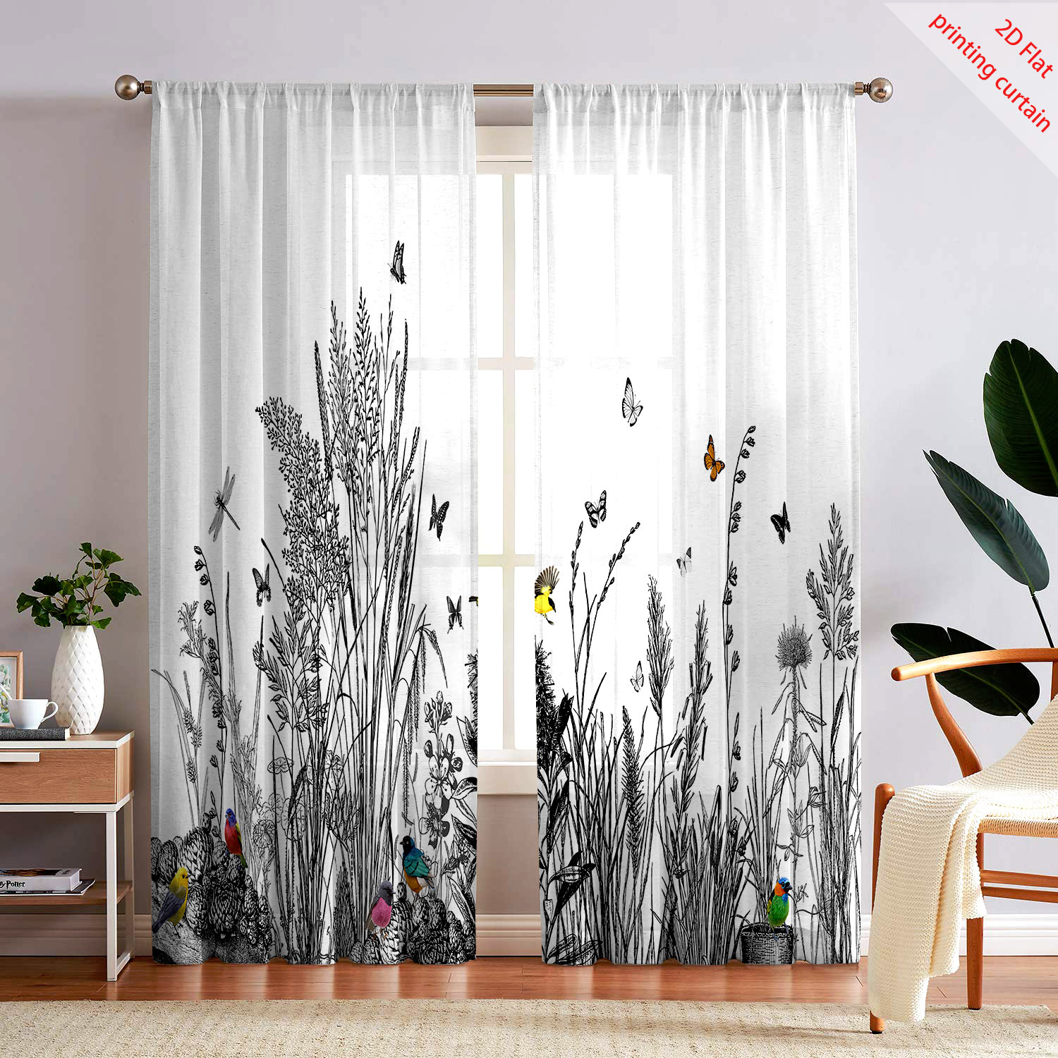 Home Office With Plants - 植物プリント透明スクリーンカーテンホームウィンドウ装飾フィルムオフィス、リビングルーム、寝室、バルコニーの窓に適しています