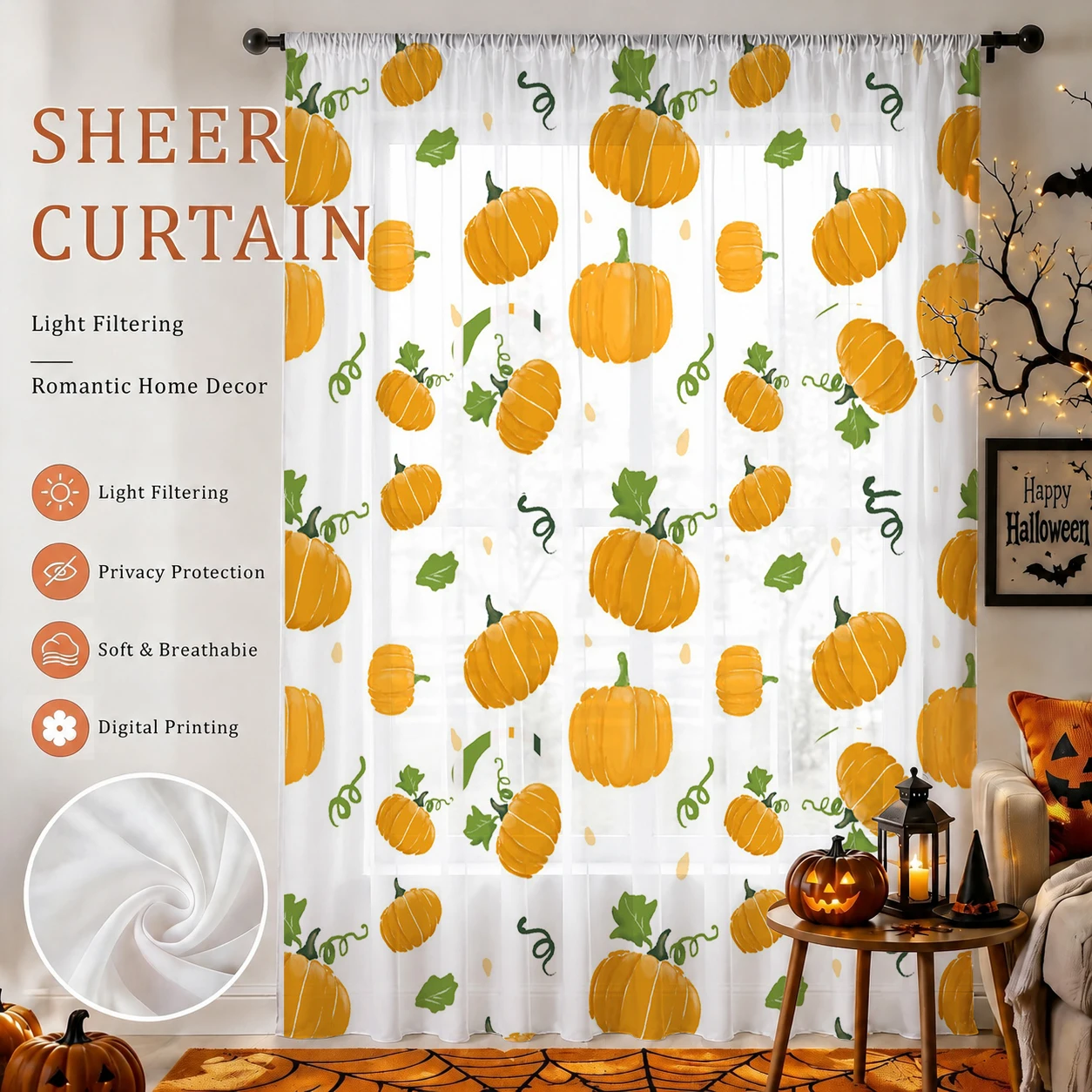 Home Office With Plants - ハロウィン用シアーカーテン ロッドポケット付き ハロウィンギフト プライバシー保護 光を遮るボイルウィンドードレープ リビング