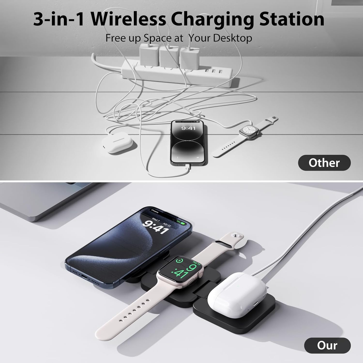 折りたたみ式3in1急速ワイヤレス充電器、iPhone 16 - Desk Charging Station のレビューと価格