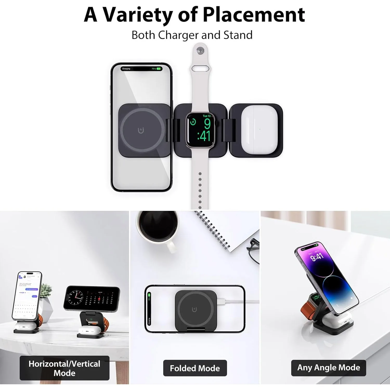 折りたたみ式3in1急速ワイヤレス充電器、iPhone 16 - Desk Charging Station のレビューと価格