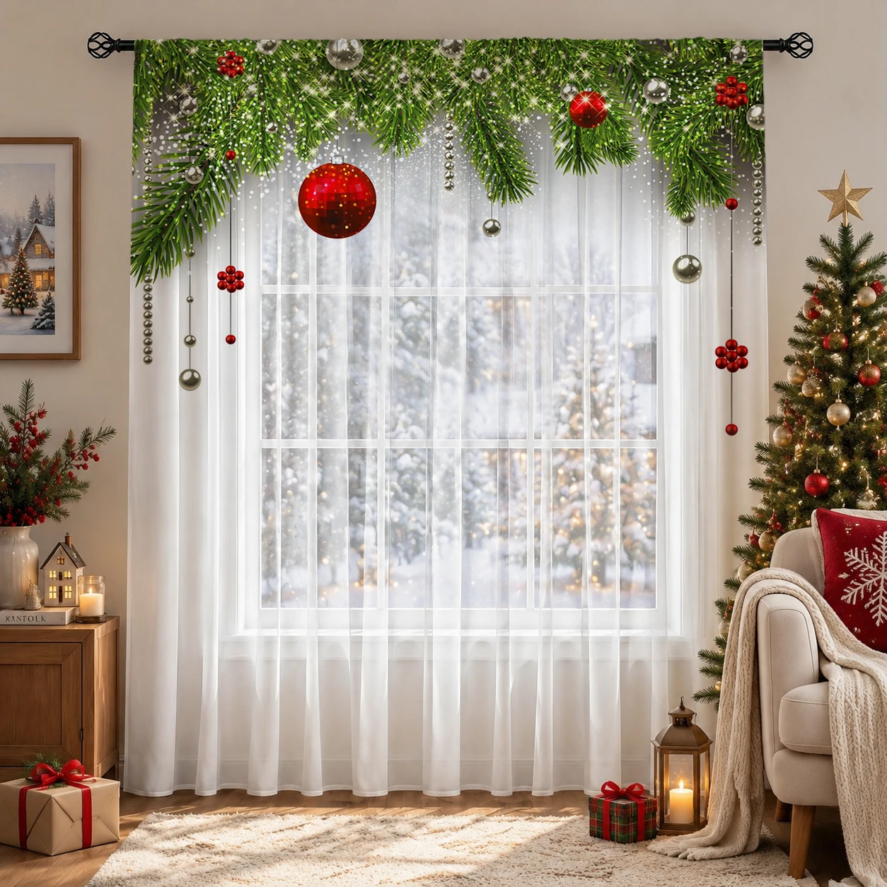 クリスマスグラデーションシアーカーテン、高品質遮光プライバシ - Home Office With Plants のレビューと価格