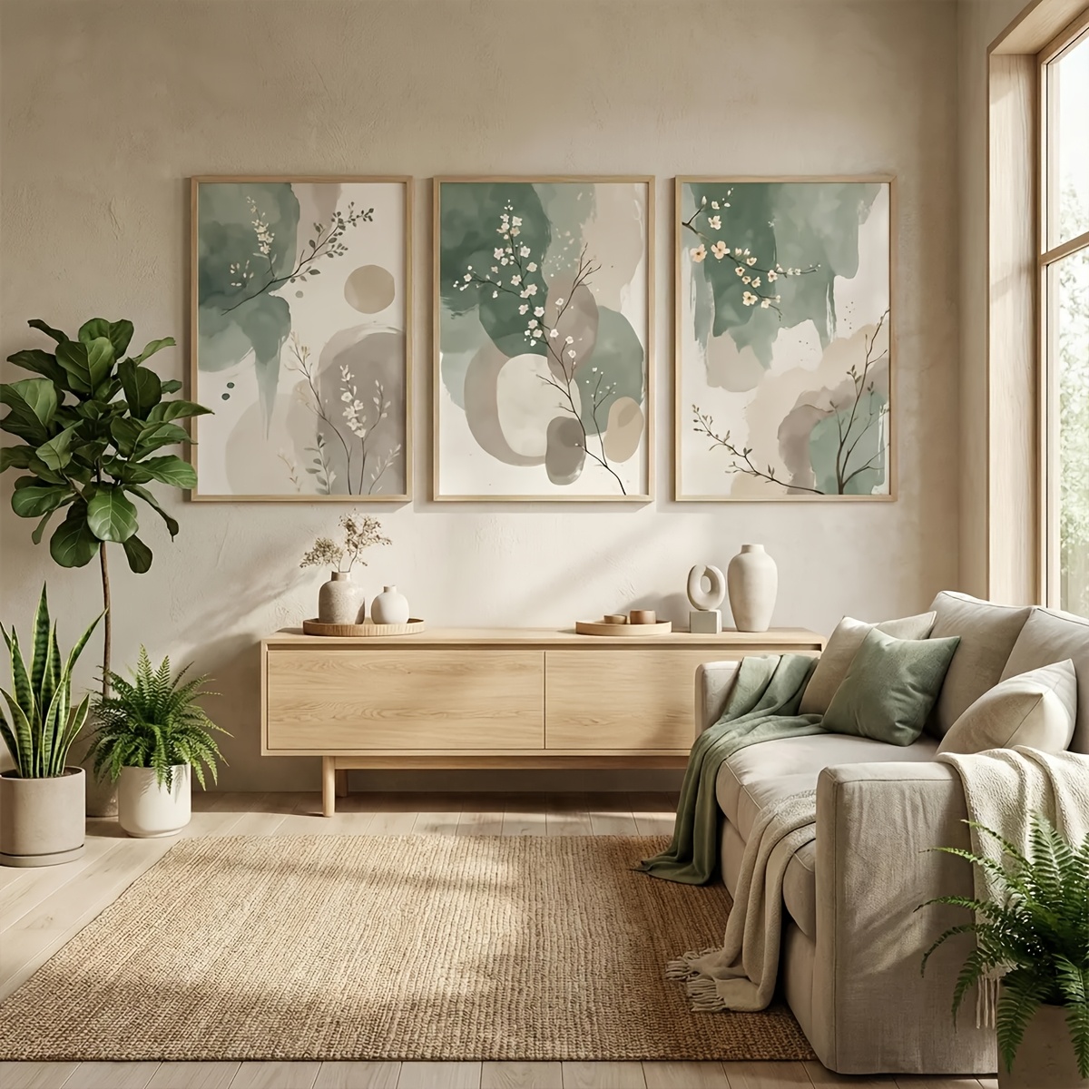 3ピース 日本風植物キャンバスウォールアート フレームレス抽 - Home Office With Plants のレビューと価格