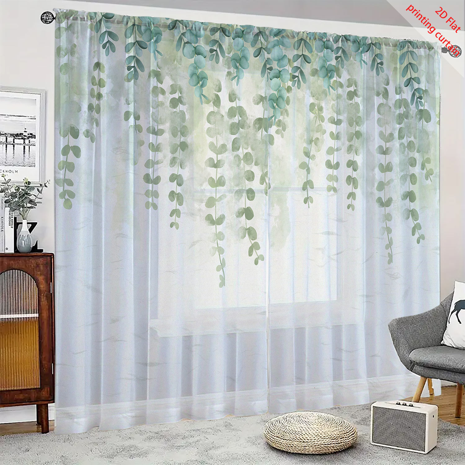 植物、花、鳥の模様がプリントされた透明なガーゼカーテン、家庭 - Home Office With Plants のレビューと価格