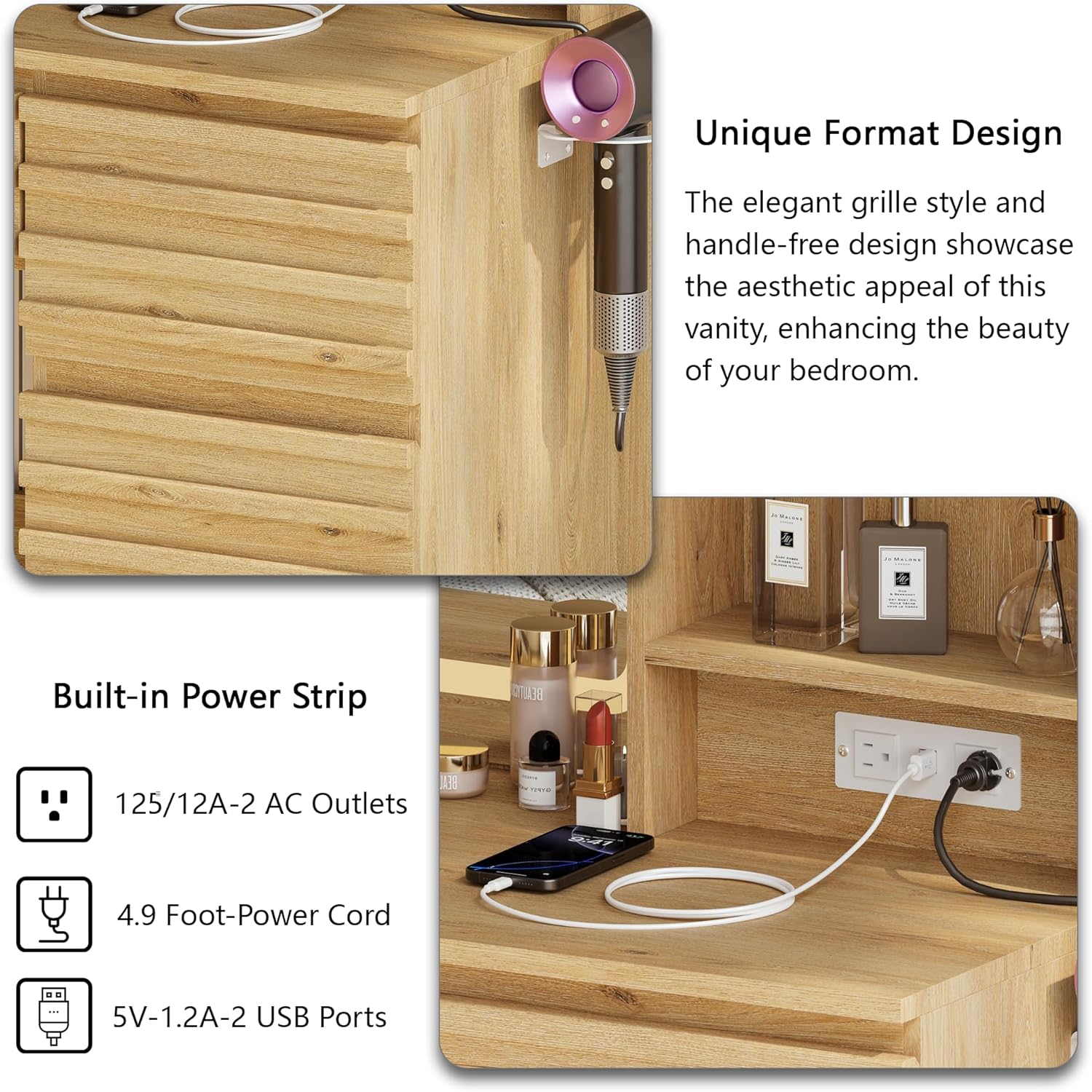 オーク材の寝室用化粧台セット、木製、引き出し4つ、オープンシ - Desk Charging Station のレビューと価格