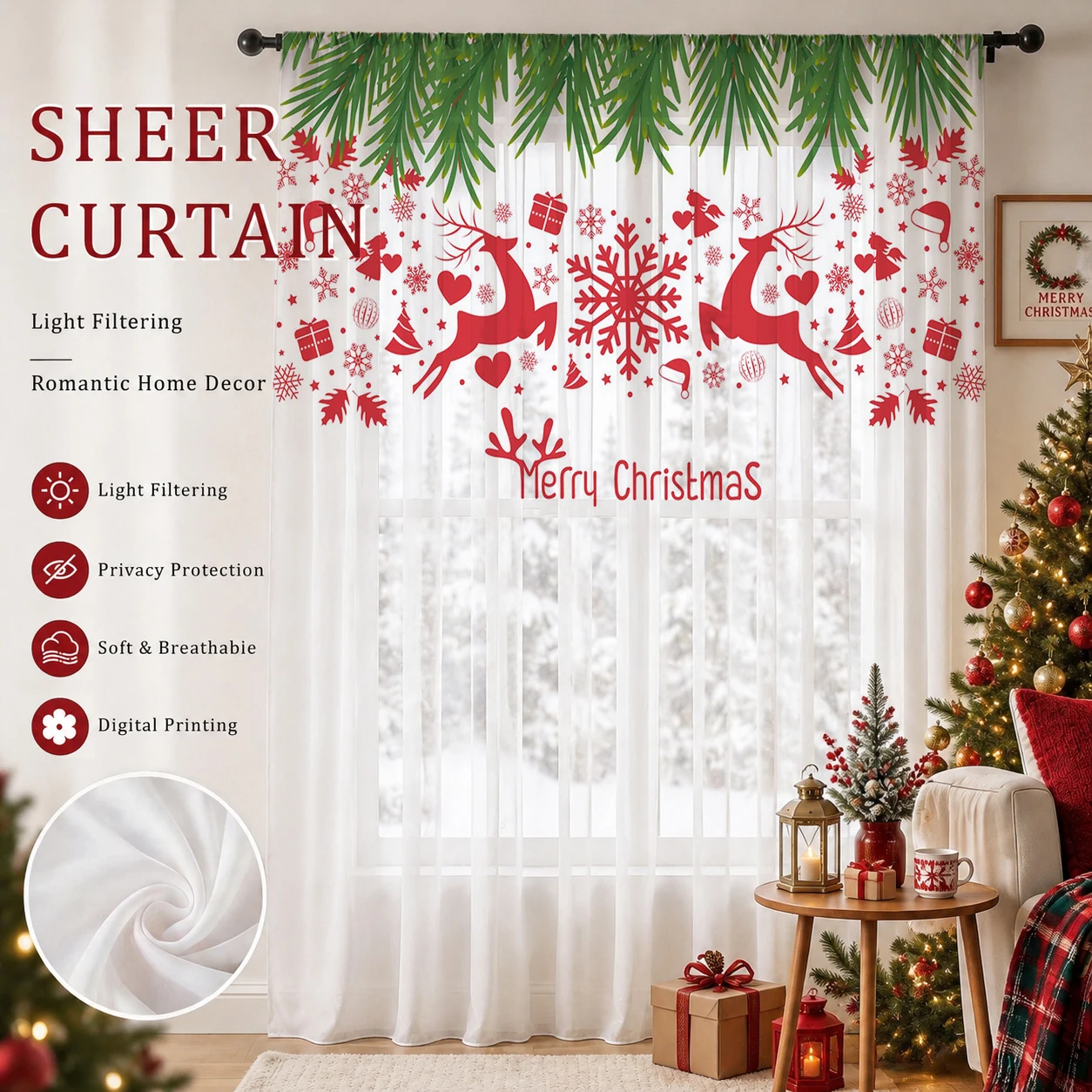 クリスマスグラデーションシアーカーテン、高品質遮光プライバシ - Home Office With Plants のレビューと価格