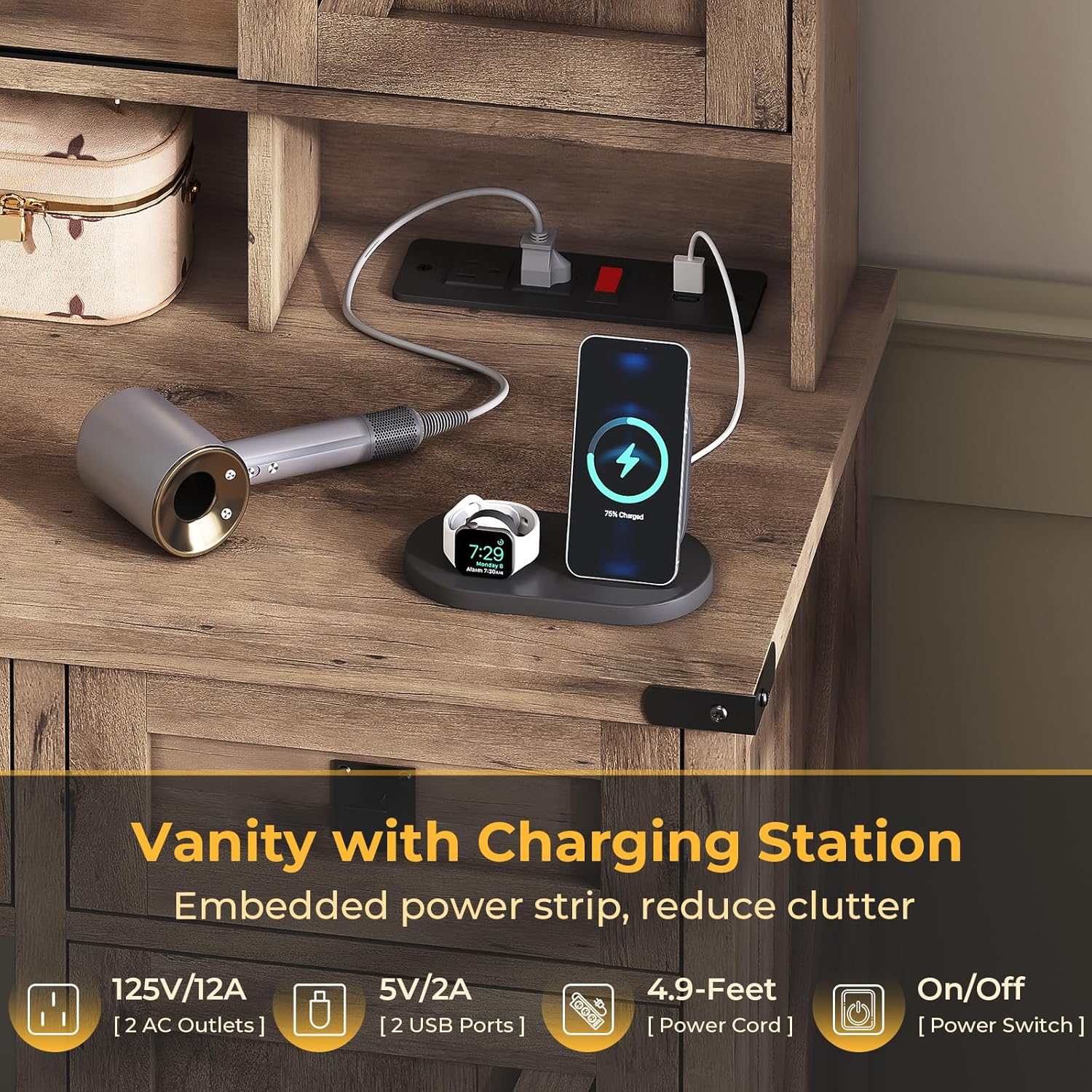 素朴なオーク材のファームハウス風寝室用化粧台、スライドドア、 - Desk Charging Station のレビューと価格