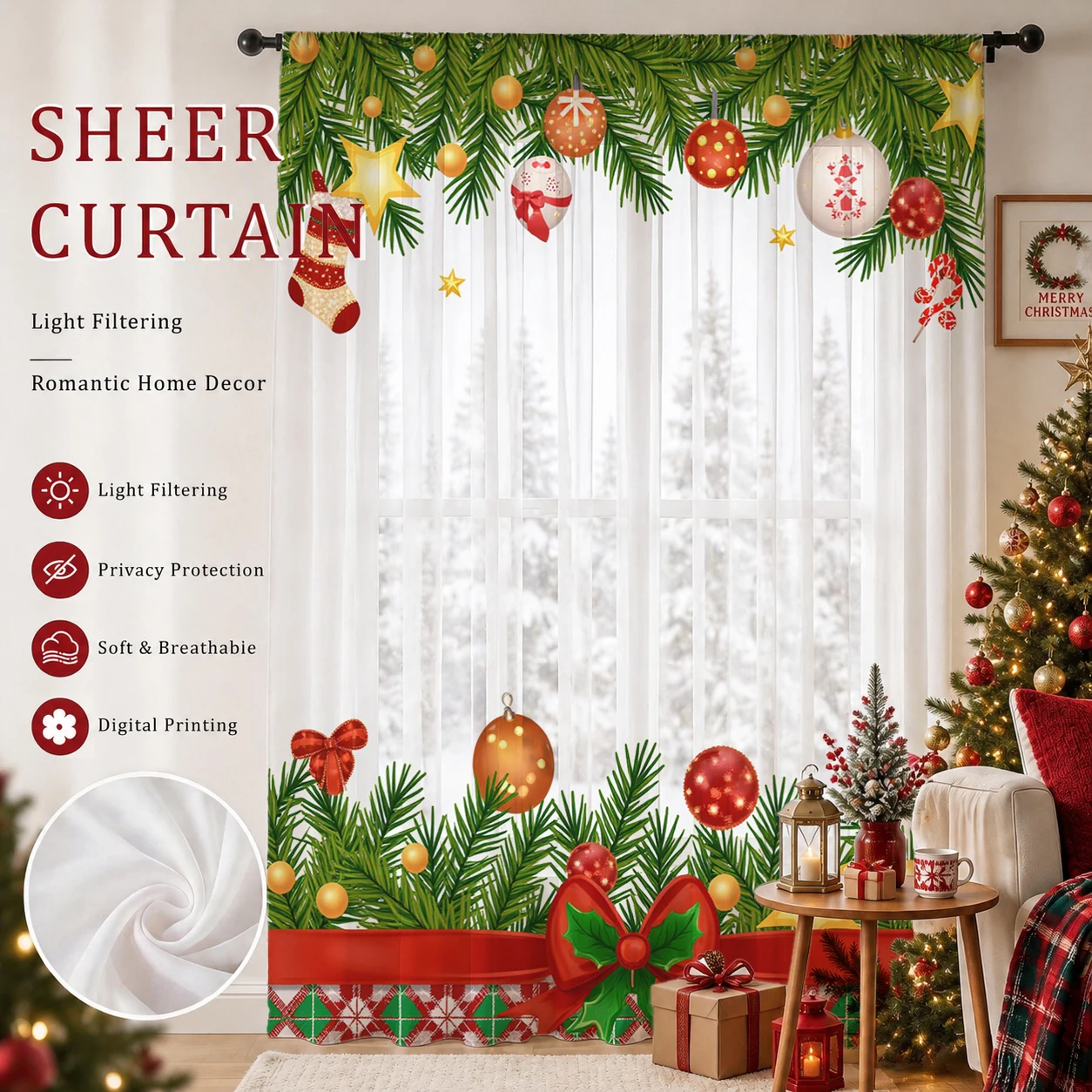 クリスマスデーグラデーションシアーカーテン、高品質遮光プライ - Home Office With Plants のレビューと価格