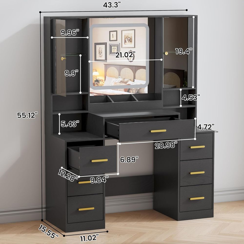 7つの引き出し、2つのガラスキャビネット、ミラー、ライト、充 - Desk Charging Station のレビューと価格