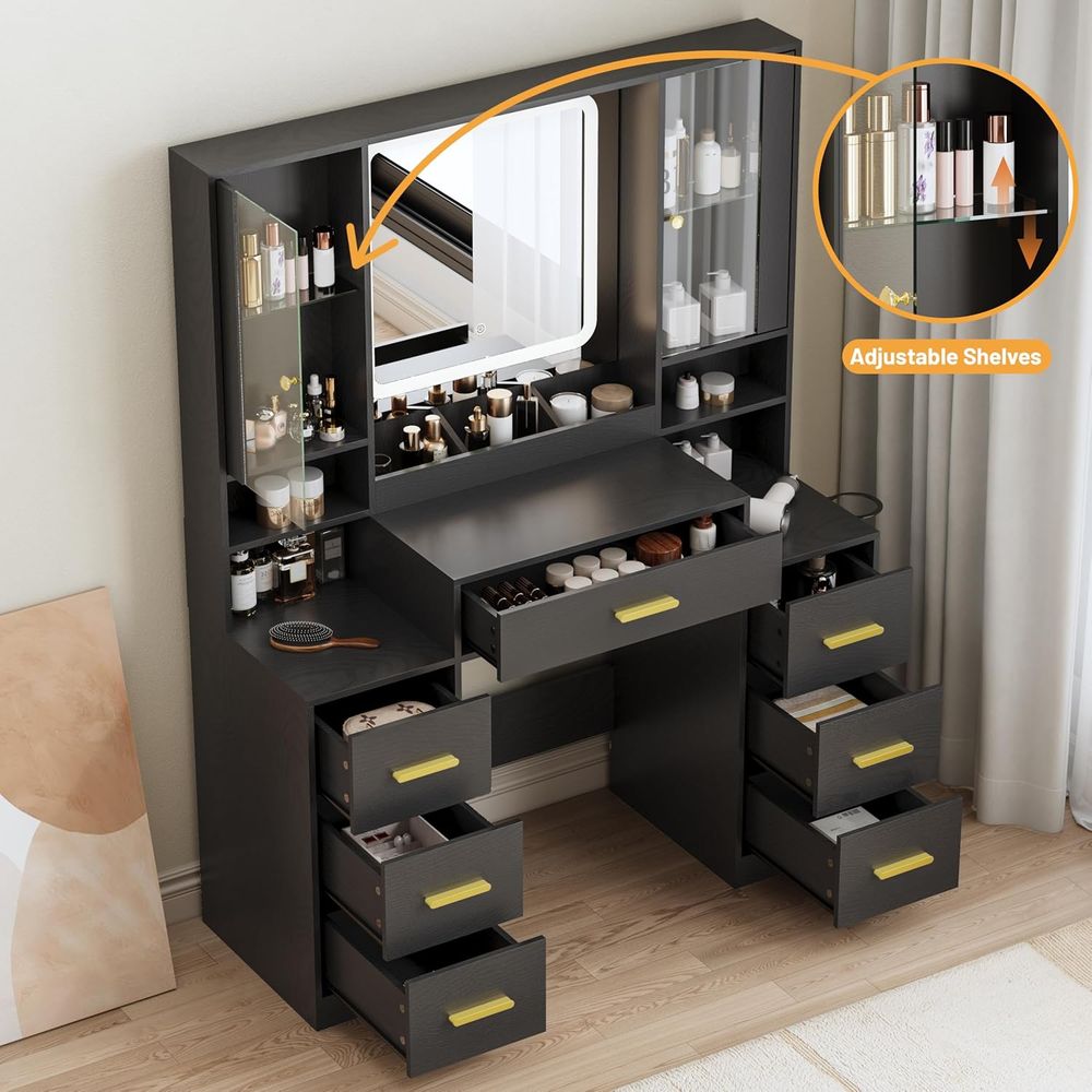 7つの引き出し、2つのガラスキャビネット、ミラー、ライト、充 - Desk Charging Station のレビューと価格