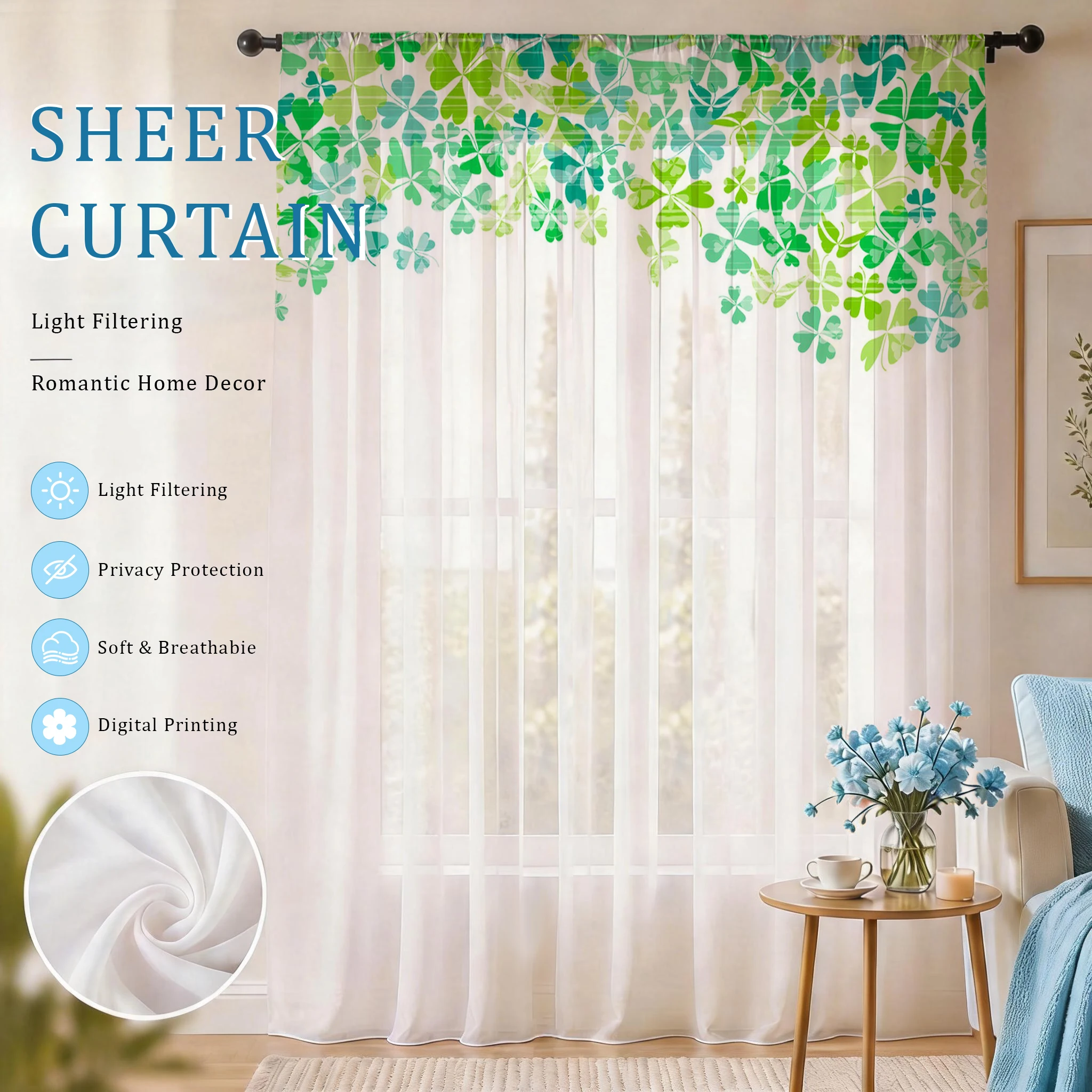 ライトブルーのモダンなグラデーションシアーカーテン、高品質遮 - Home Office With Plants のレビューと価格