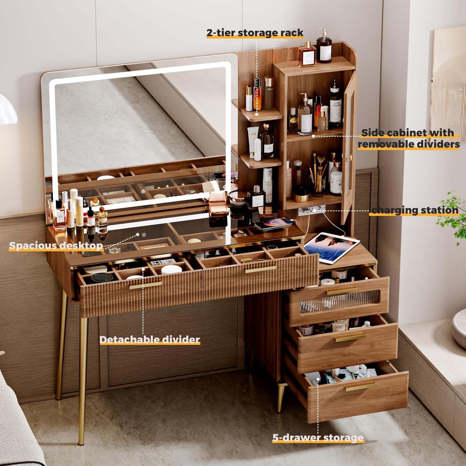 ブラウンカラーの寝室用化粧台、木製、HD照明付きミラー、5つ - Desk Charging Station のレビューと価格