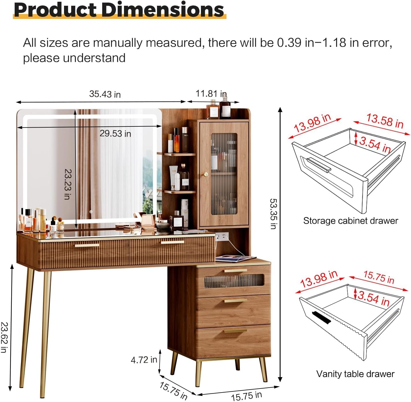 ブラウンカラーの寝室用化粧台、木製、HD照明付きミラー、5つ - Desk Charging Station のレビューと価格