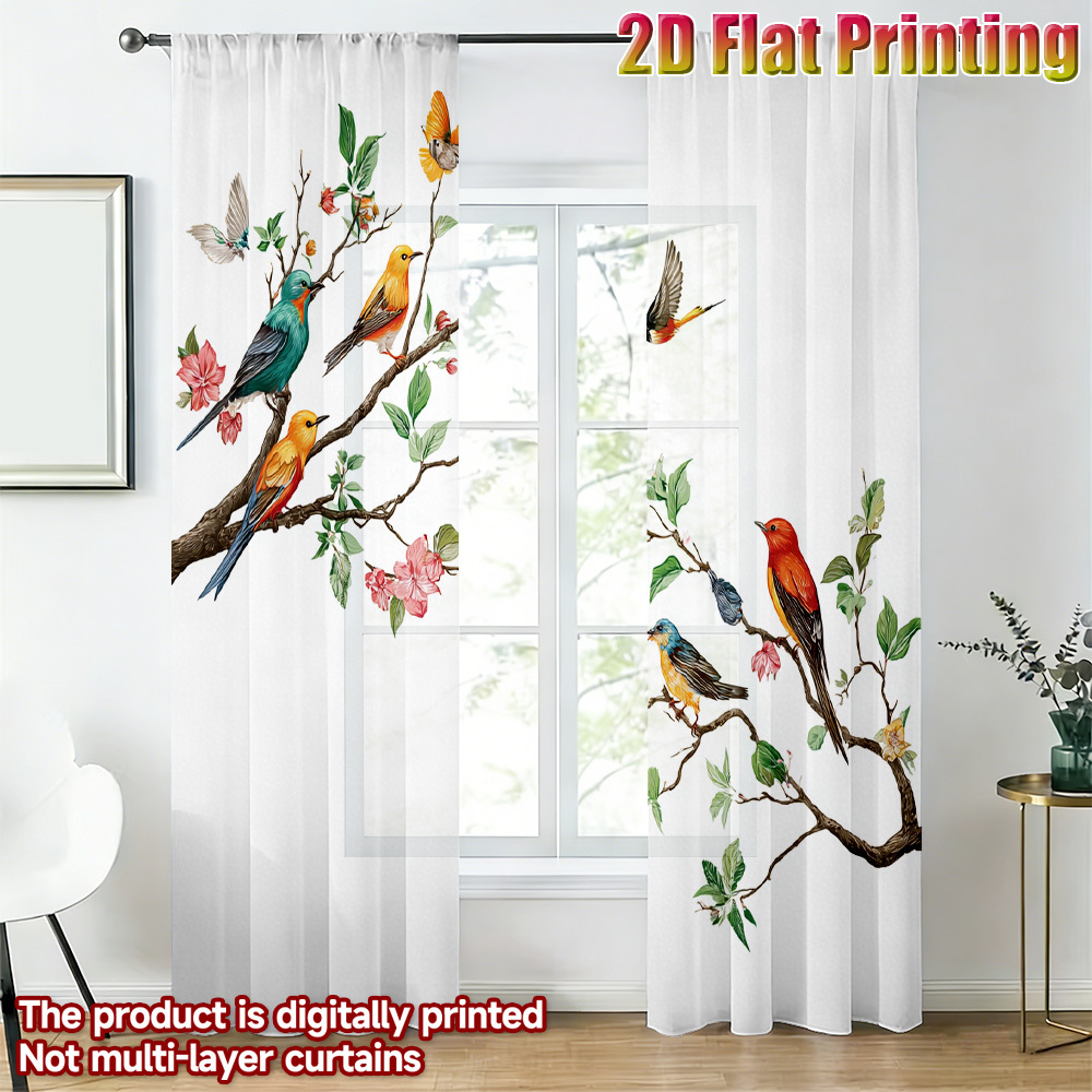 カラフルな鳥柄のシアーカーテン2枚組、花の枝や自然の植物柄、 - Home Office With Plants のレビューと価格