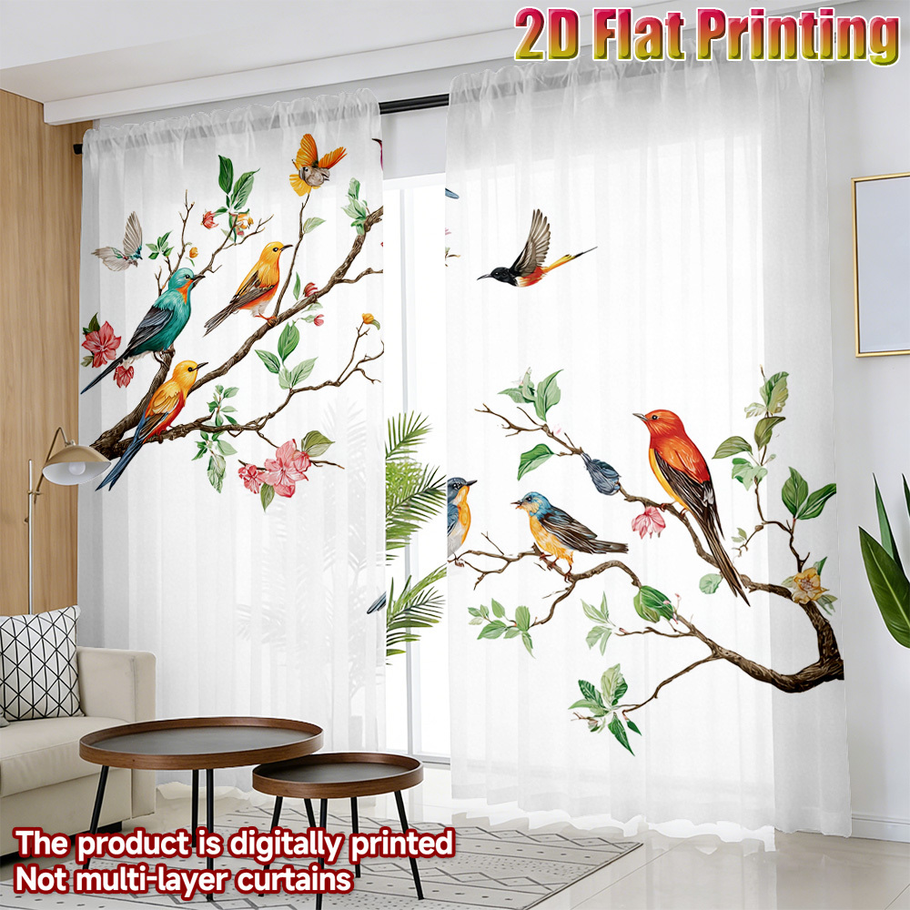カラフルな鳥柄のシアーカーテン2枚組、花の枝や自然の植物柄、 - Home Office With Plants のレビューと価格