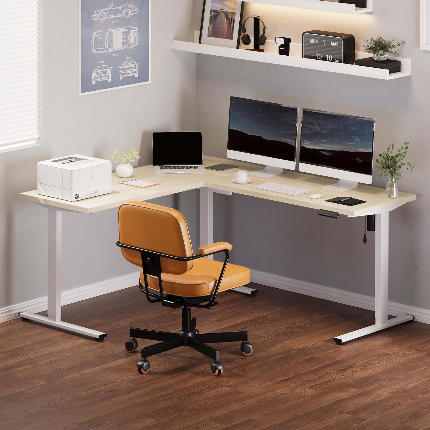 71 x 63 リバーシブルL字型電動昇降デスク、メープル  - Standing Desk Electric のレビューと価格
