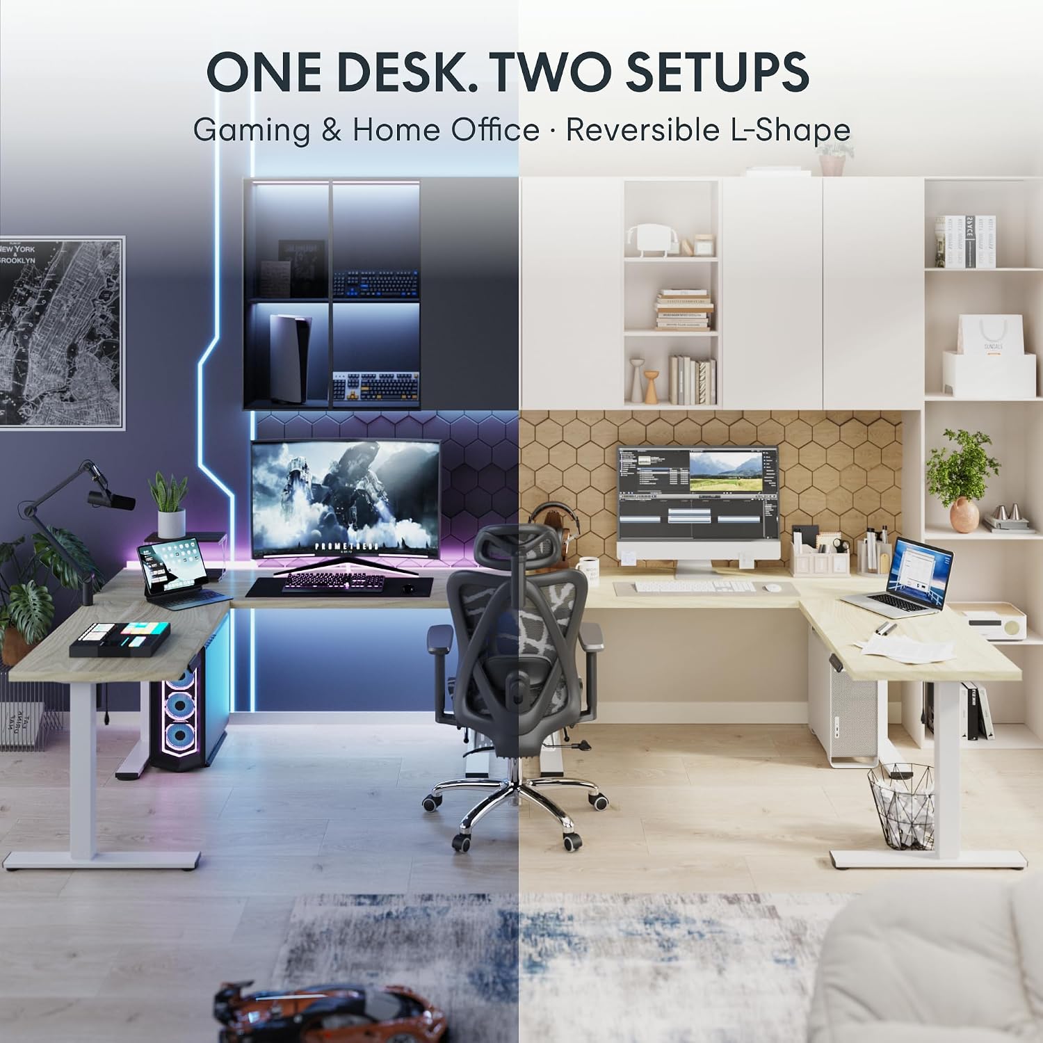 71 x 63 リバーシブルL字型電動昇降デスク、メープル  - Standing Desk Electric のレビューと価格