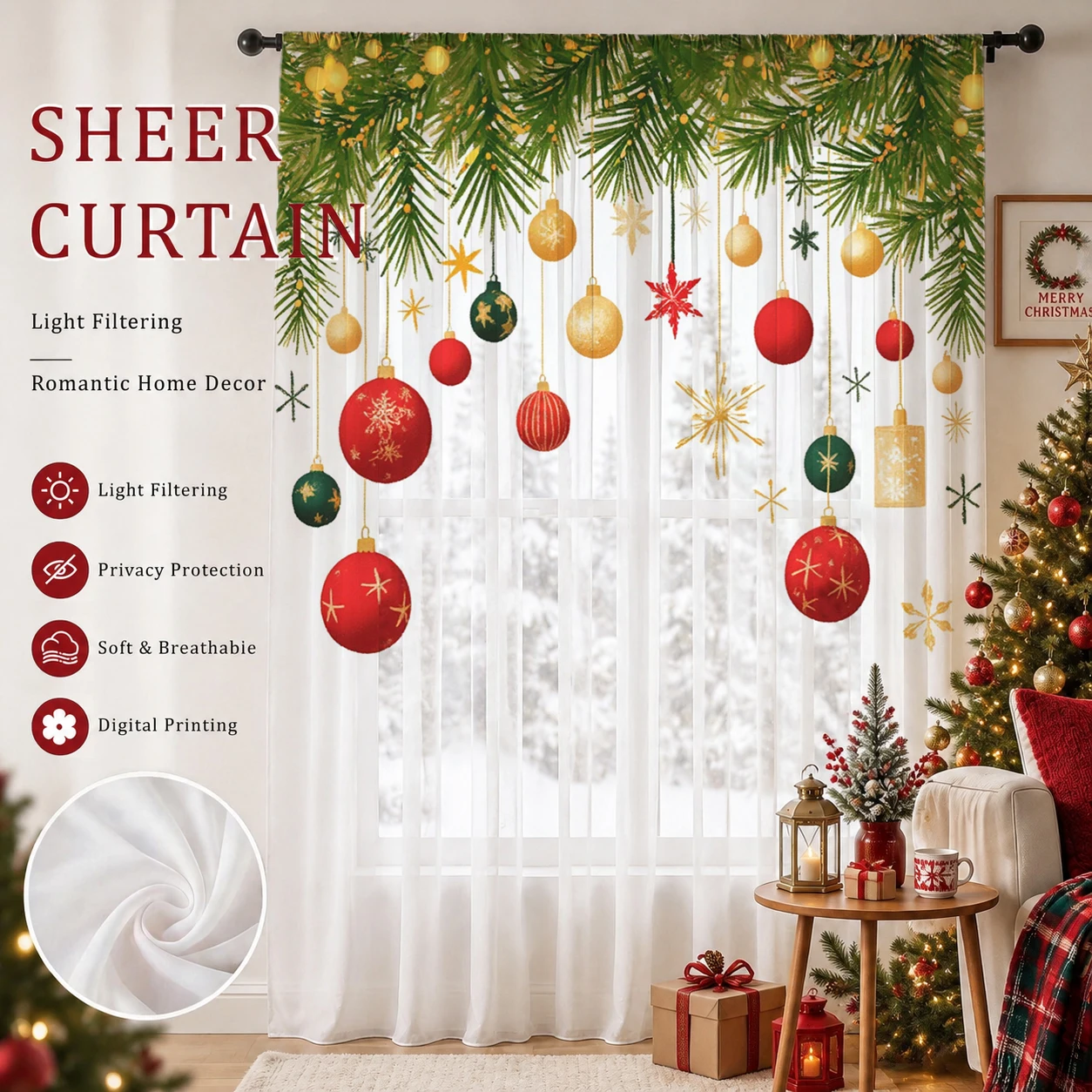 クリスマスグラデーションシアーカーテン、高品質遮光プライバシ - Home Office With Plants のレビューと価格